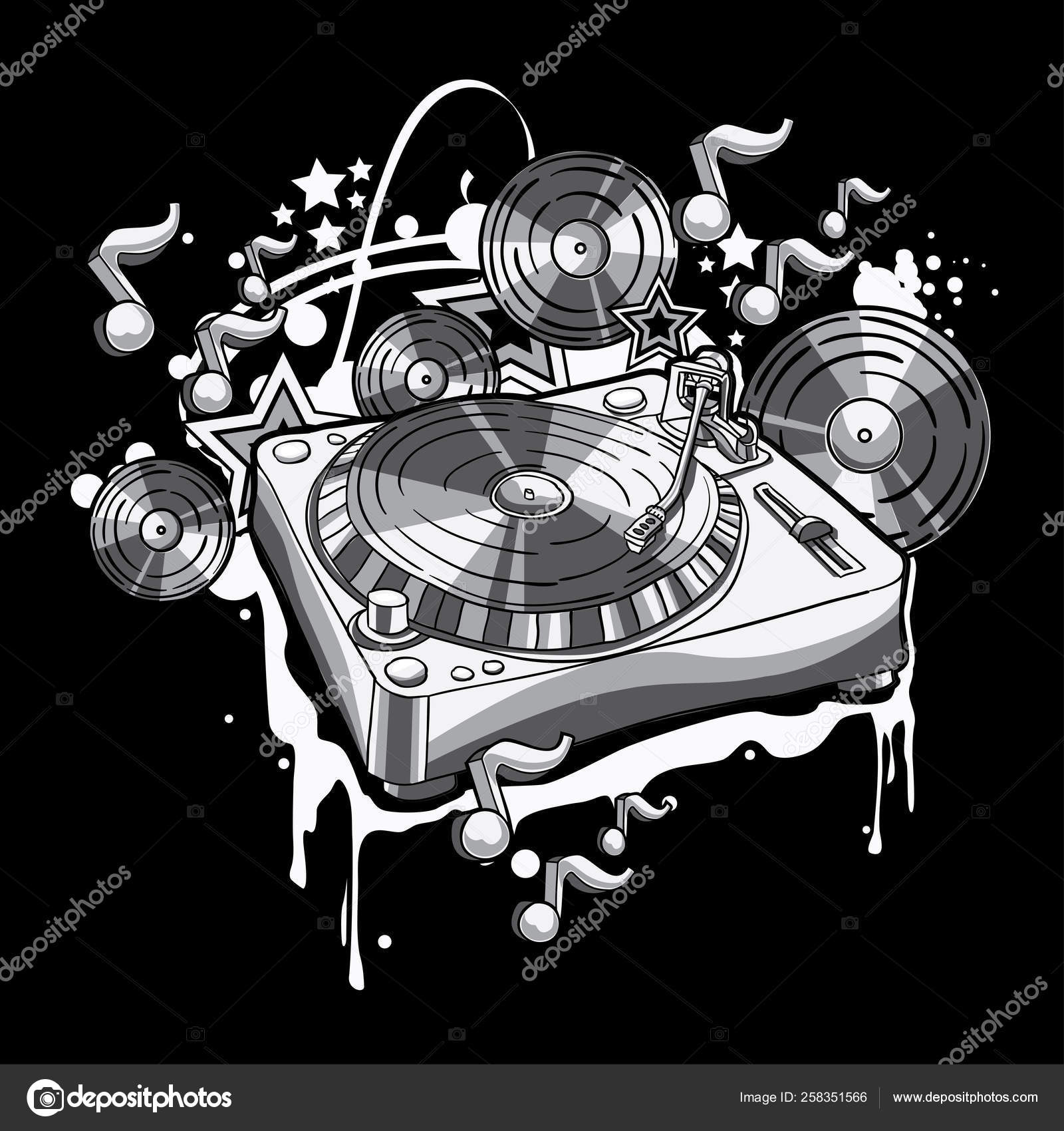 Black White Turntable Notes Records Funky Graffiti Design Stock Vector C Alex Scholar