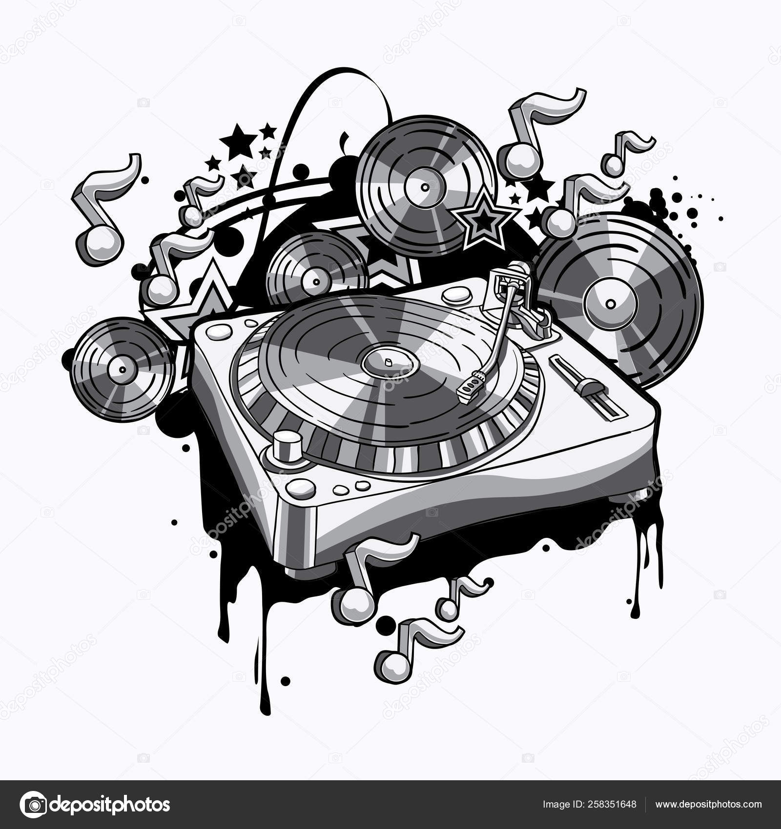 Graffiti Design Black And White Black White Turntable Notes Records Funky Graffiti Design Stock Vector C Alex Scholar