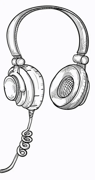 Hand Drawn Black White Musical Headphones — Stock Vector