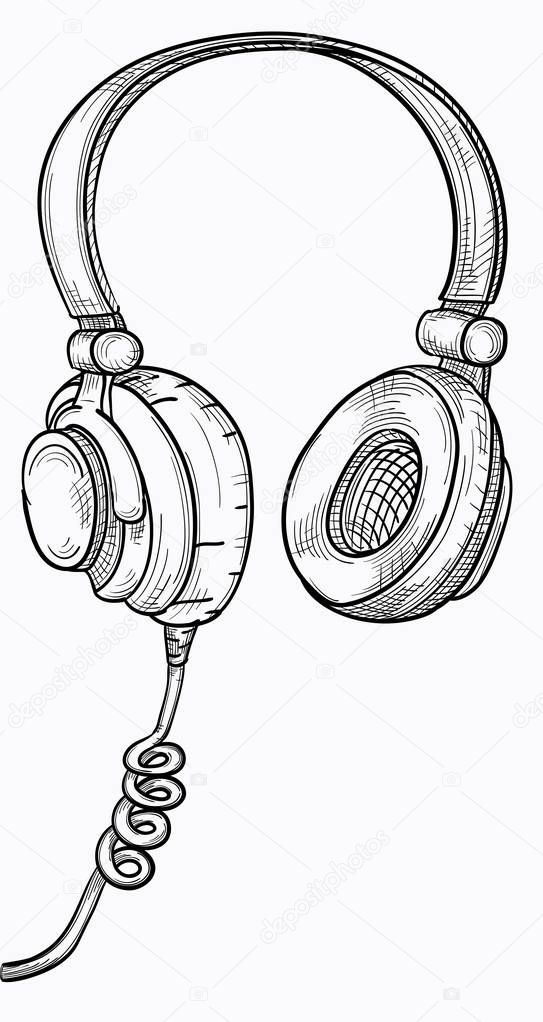 Hand drawn black and white musical headphones