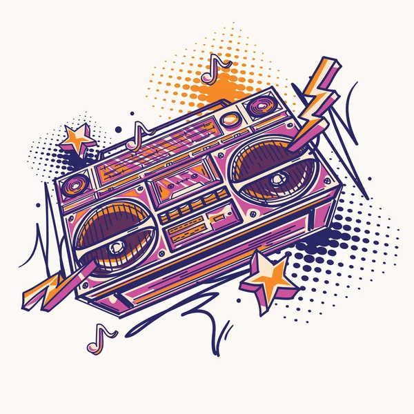 Funky Colorato Disegnato Boom Box — Vettoriale Stock