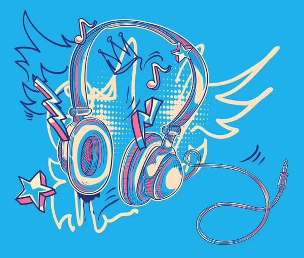 Funky Drawn Headphones Musical Graffiti — Stock Vector