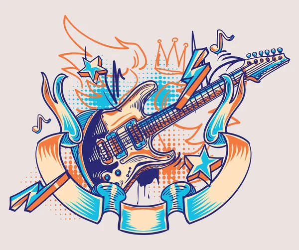 摇滚时髦的吉他和丝带涂鸦 — 图库矢量图片