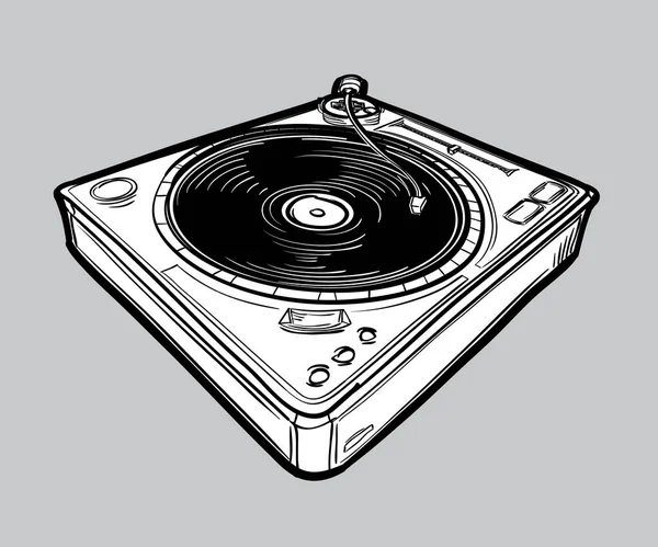 Monochrome Drawn Funky Music Turntable — Stock Vector