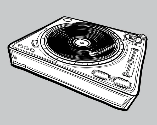 Monochrome Drawn Funky Music Turntable — Stock Vector