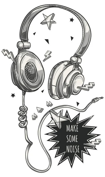 Dibujado Mano Monocromo Funky Auriculares Musicales — Vector de stock