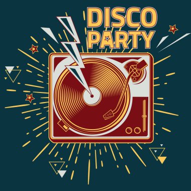turntable ve text disko partili müzikal tasarım posteri 