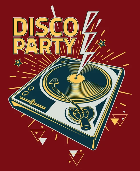 Musik Design Plakat Mit Plattenspieler Und Text Disco Party — Stockvektor