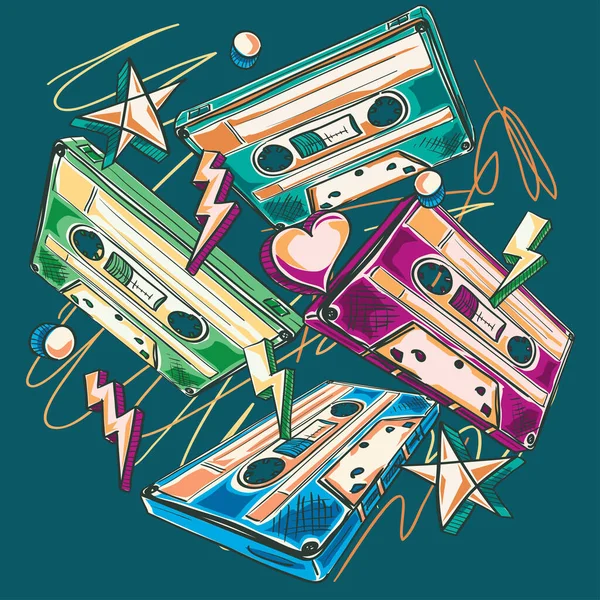 Funky Kleurrijke Getrokken Audio Cassettes — Stockvector