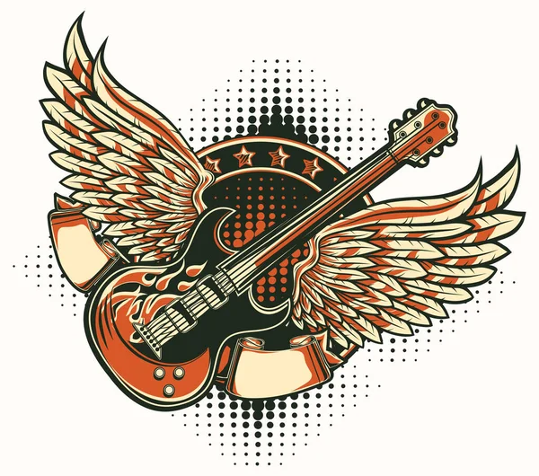 Rock Gitaar Trendy Gevleugeld Embleem — Stockvector