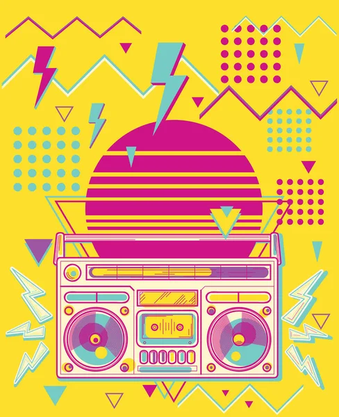 80年代迪斯科时髦的五彩缤纷的音乐设计与音箱 — 图库矢量图片