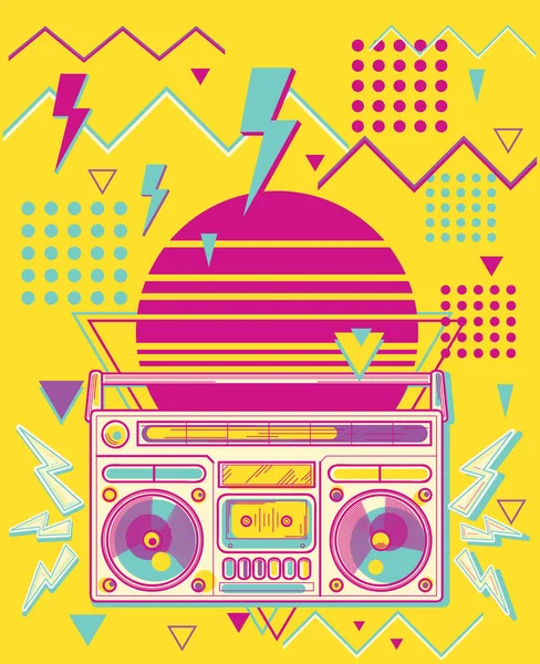 Disco Anni Design Musicale Funky Colorato Con Boom Box — Vettoriale Stock