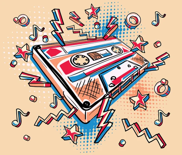 Funky Cassette Audio Colorée Dessinée Vecteur Illustration — Image vectorielle