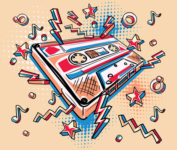 Funky colorful drawn audio cassette, vector, illustration