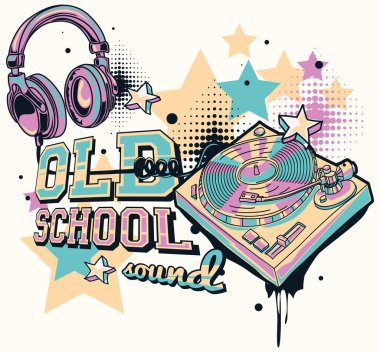 Metinli dekoratif müzik graffiti tasarımı. Eski usul ses ve kulaklıklı turntable.