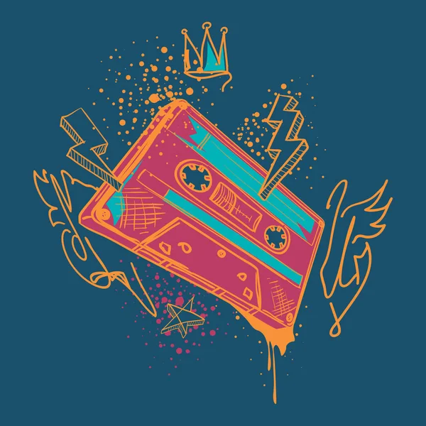 オーディオカセット付きのファンキーな音楽デザインカード — ストックベクタ