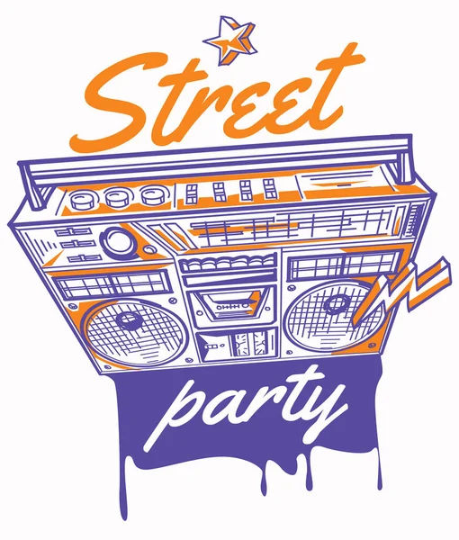 描かれた色のブームボックスと落書きの矢印とストリートパーティーポスター — ストックベクタ