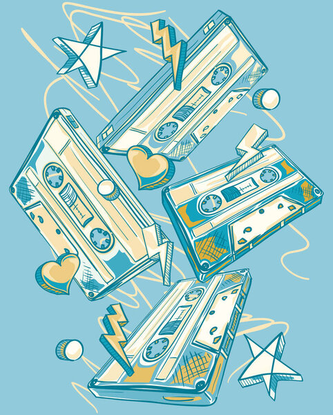 Funky drawn music audio cassettes