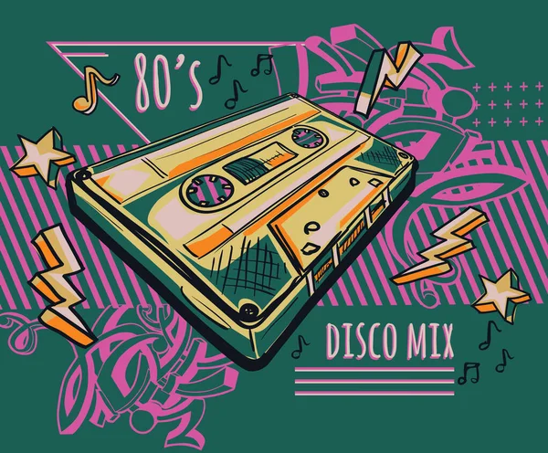 80S Disco Mix Funky Färgglada Ljudkassett Och Graffiti Pilar — Stock vektor