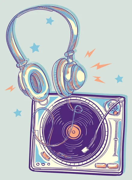 Funky colorful music design with drawn turntable and headphones