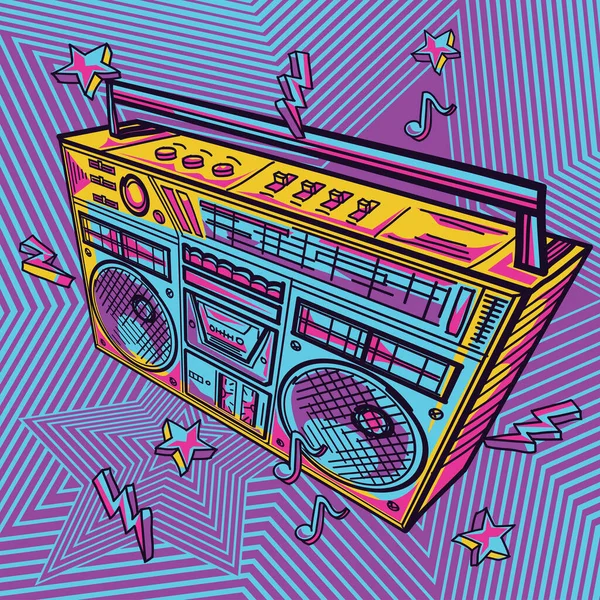 Funky Karty Kolorowym Rysowane Boom Box — Wektor stockowy