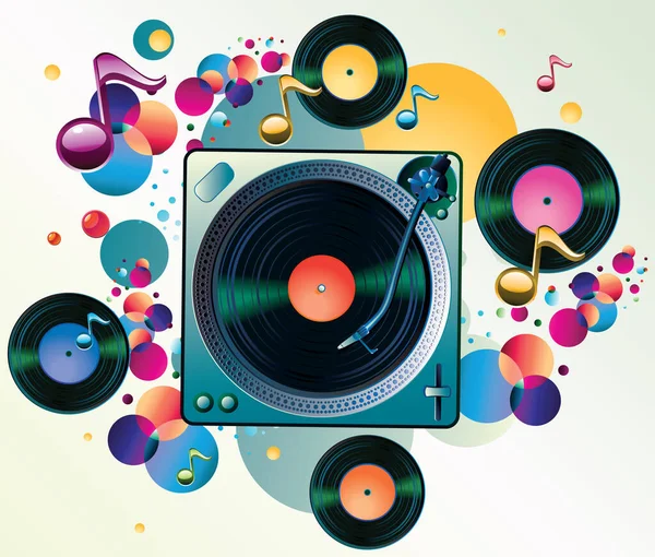 Funky Kolorowa Karta Projektowania Muzyki Gramofonem — Wektor stockowy