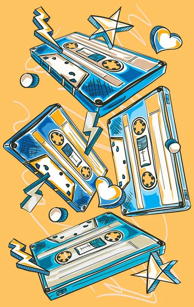 Muziekontwerpkaart Met Funky Getrokken Retro Audiocassettes — Stockvector