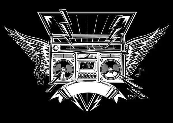 Caja Boom Alada Emblema Música Blanco Negro — Vector de stock