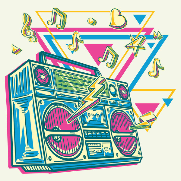 Music design - funky colorful drawn boom box