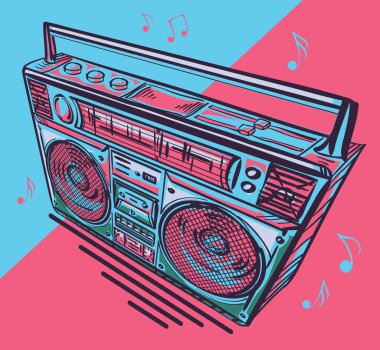 Acayip renkli çizilmiş teyp teybi.