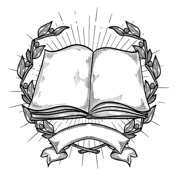 Livro Aberto Desenhado Emblema — Vetor de Stock