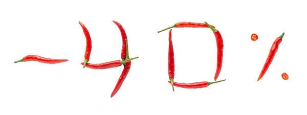 Hot sale or discount concept. Writing made of fresh chilli peppers on white background. Forty percent discount rate.