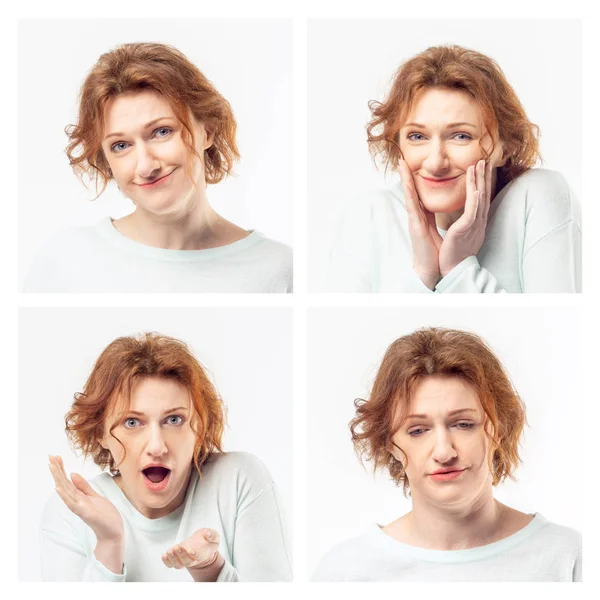 Colagem da mesma mulher adulta fazendo expressões diferentes. Estúdio . Fotos De Bancos De Imagens