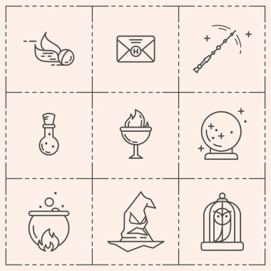 Sihirli vektör Icon set. Sihirbazı ekipman. Çizgi stili
