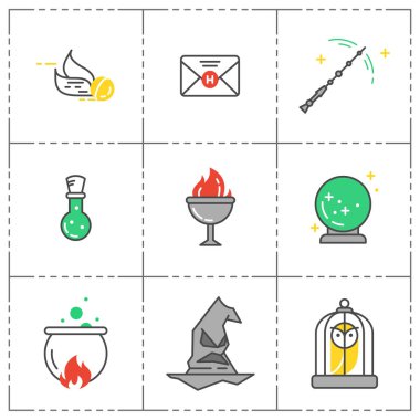 Sihirli vektör Icon set. Sihirbazı ekipman. Çizgi stili