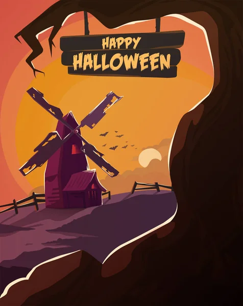 Halloween poster. Spooky mill with dead trees. — Stock Vector