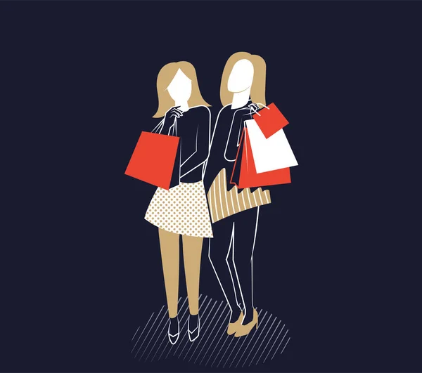 Chicas Jóvenes Con Bolsas Compras Ilustración Vectorial — Vector de stock