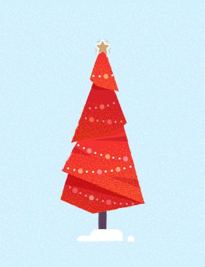 Süslü Noel ağacı. Mutlu Noeller ve mutlu yeni yıl kartı. Vektör çizim.