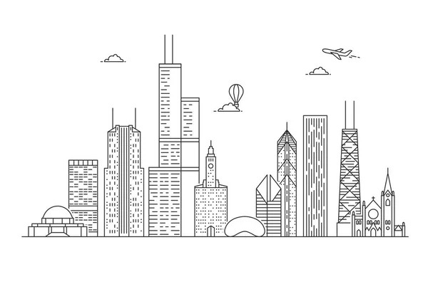 Lineaire skyline van Chicago City. — Stockvector