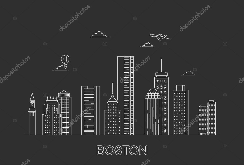 Boston city skyline. USA. Line art style illustration