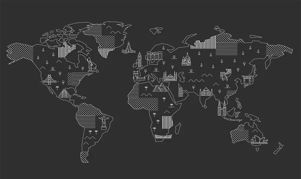 Mapa del mundo con monumentos famosos . — Archivo Imágenes Vectoriales