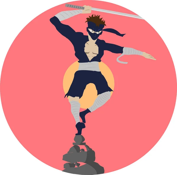 Illustrazione Vettoriale Ninja Che Medita Sulle Pietre — Vettoriale Stock
