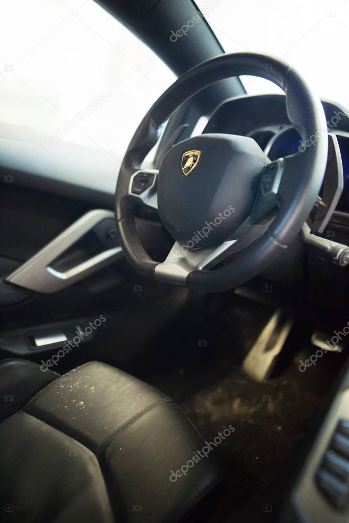 Gomel / Belarus - June 1, 2018: leather black dashboard from Lamborghini Aventador sports car
