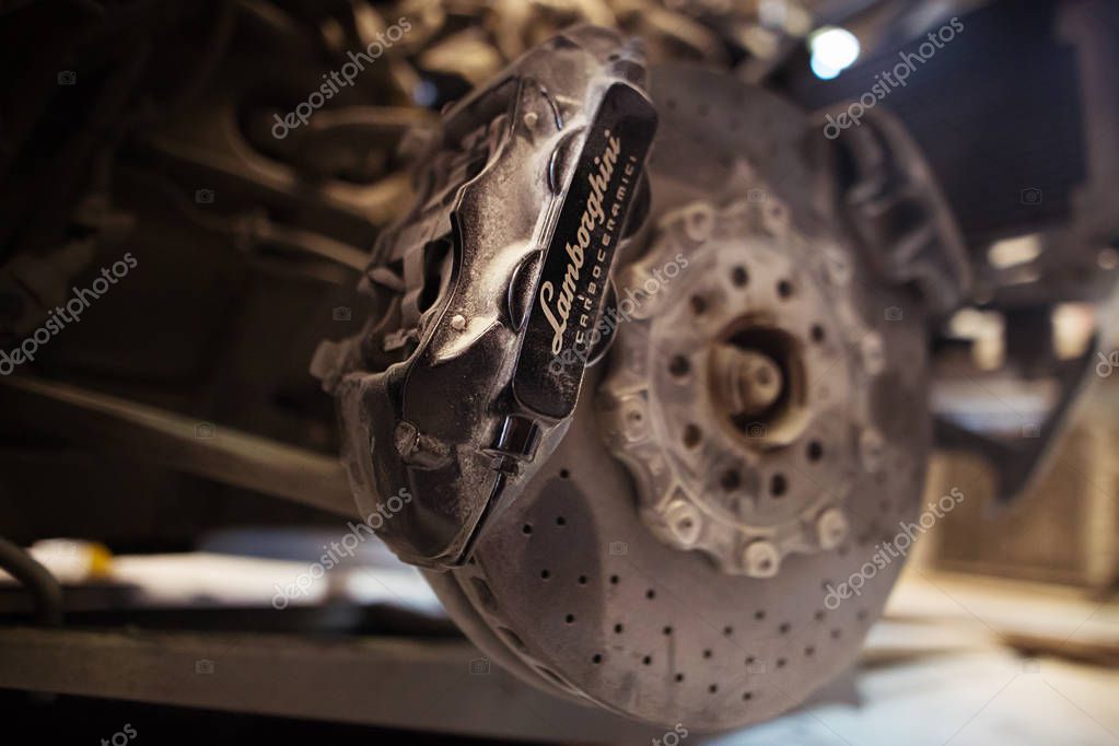 Gomel / Belarus - June 1, 2018: a large wheel with chic discs from the expensive sports car Lamborghini Aventador