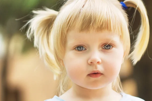 Beautiful Smiling Little Blonde Two Year Old Girl Walking Sunny Stock Image