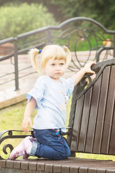 Veselá Malá Blondýnka Dvěma Ocásky Pěší Uličkou Městském Parku Letní — Stock fotografie