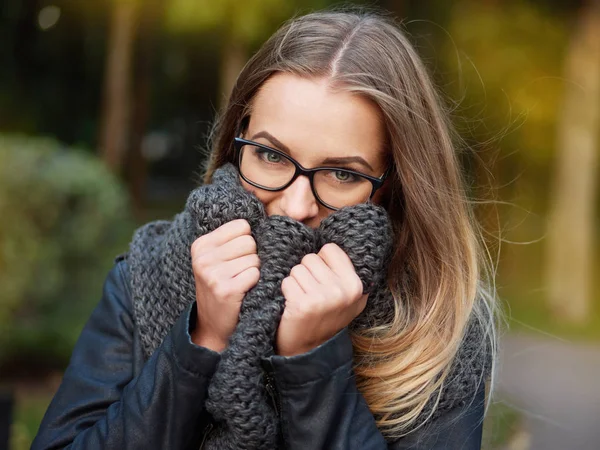 bir güzel şık genç sarışın kız siyah gözlük deri ceket ve örme eşarp makyajlı portresi Don yukarıya sonbahar soğuk parkta gülümsüyor