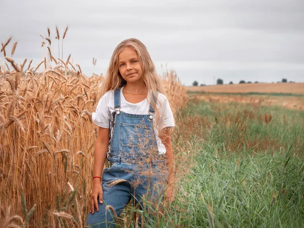 Dívka Dlouhými Vlasy Poli Kyticí Sedmikrásek — Stock fotografie