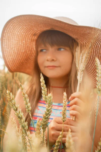 Chica Sombrero Campo Trigo — Foto de Stock