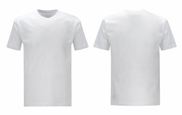 Front back and 3/4 views of white t-shirt on isolated on white background regular style. Blank t shirt for your logo.